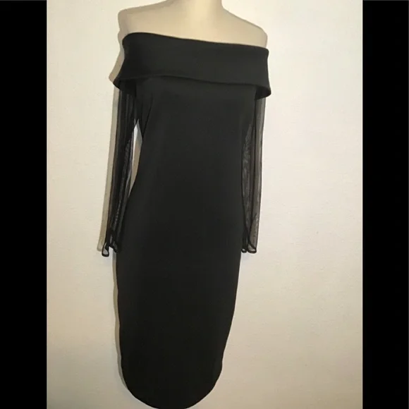 Calvin Klein black off shoulder fold over sheer sleeve sheath dress - Picture 2 of 8